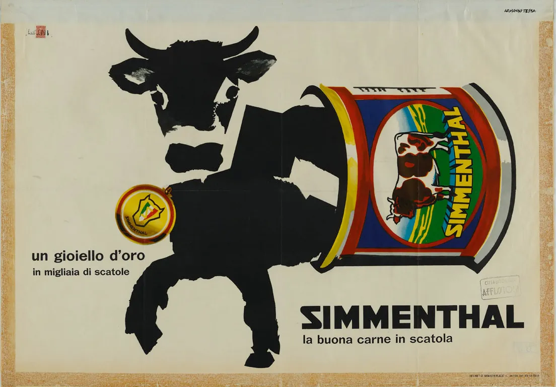 Simmenthal sagoma di una mucca fuoriesce da una confezione di carne armando testa 1959