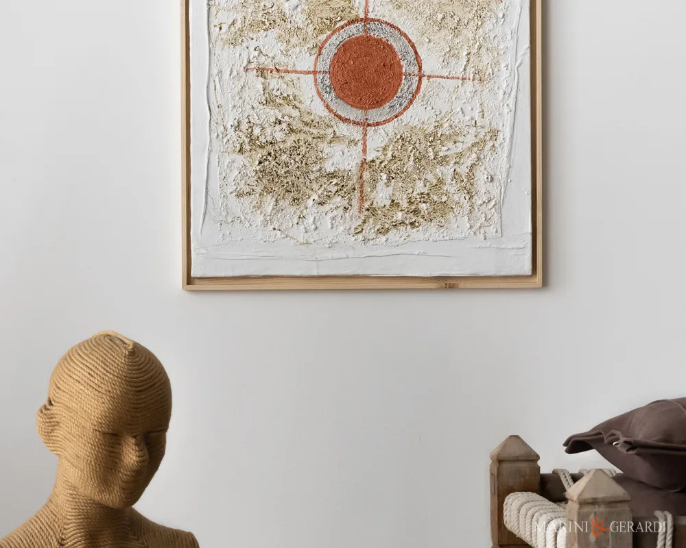 Materica bianca frastagliata cornice legno naturale quadro astratto